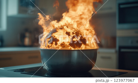 Burning Earth inside metallic cauldron symbolizes global warming and climate crisis 123977067