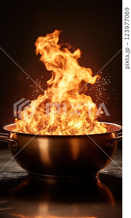 Fiery explosion in metallic cauldron with intense flames and sparks flying dramatically 123977069