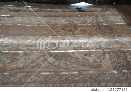 ヨルダン、ネボ山、モーセの死の場所を偲んで建てられた教会のモザイク 123977185