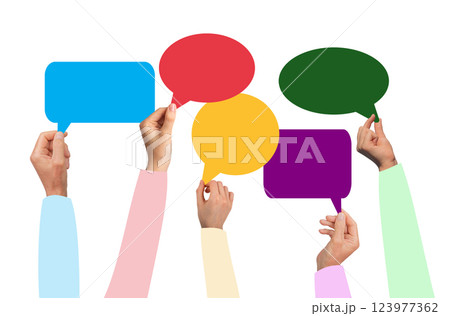 Customer feedback and survey on service satisfaction. holding message bubble, sharing positive 123977362