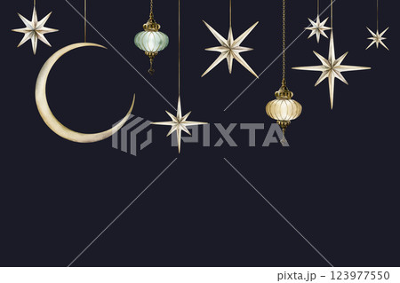 Islamic Hanging lanterns, crescent moon and stars template. Watercolor hand drawn illustration isolated on dark blue background for Muslim holiday, Ramadan Kareem card design, Mubarak Eid Al Fitr Adha 123977550