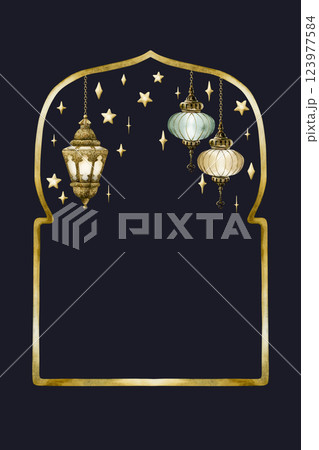 Islamic golden frame with hanging lantern and stars on dark blue background. Muslim Mosque gate shape template. Watercolor hand drawn isolated illustration Ramadan Kareem card design, Eid Al Fitr Adha Islamic golden frame with hanging lantern and stars on dark blue background. Muslim Mosque gate shape template. Watercolor hand drawn isolated illustration Ramadan Kareem card design, Eid Al Fitr Adha 123977584