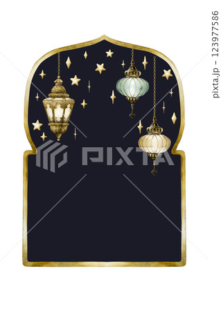 Islamic golden frame with hanging lantern and stars on dark blue and white background. Muslim Mosque gate shape template. Watercolor hand drawn isolated illustration Ramadan Kareem card design Islamic golden frame with hanging lantern and stars on dark blue and white background. Muslim Mosque gate shape template. Watercolor hand drawn isolated illustration Ramadan Kareem card design 123977586
