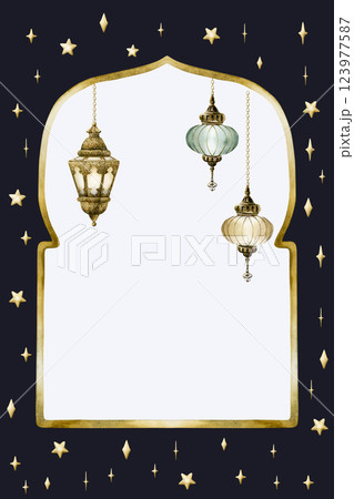 Islamic golden frame with hanging lantern and stars on white and dark blue background. Muslim Mosque gate shape template. Watercolor hand drawn isolated illustration Ramadan Kareem card design 123977587