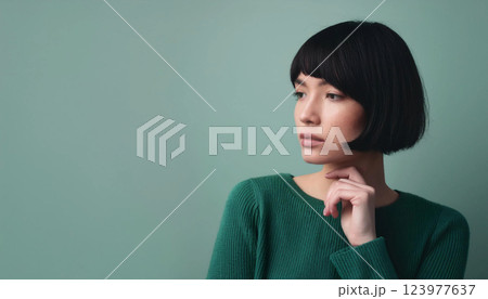 緑の背景に、横を向いて端にたたずむ若い女性のポートレート 123977637