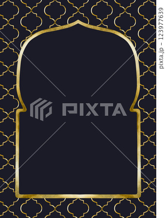 Islamic golden frame with golden ornament pattern on dark background. Window door arch, Mosque gate shape. Watercolor hand drawn isolated illustration Ramadan Kareem design, Mubarak Eid Al Fitr, Adha 123977639