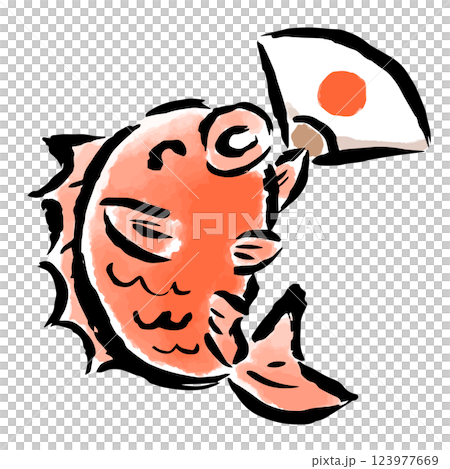 一隻紅鯛魚帶著扇子跳躍 — — 手繪插圖 一隻紅鯛魚帶著扇子跳躍 — — 手繪插圖 123977669