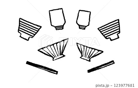 夫婦茶碗と御椀と湯呑みと箸のセット白黒 123977681