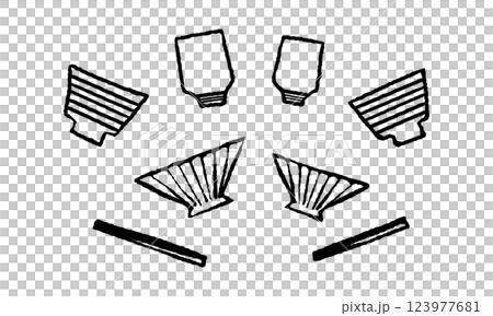 夫婦茶碗と御椀と湯呑みと箸のセット白黒 123977681