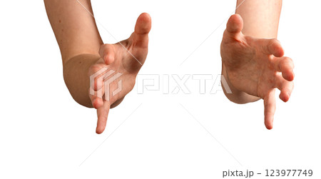 Hands open, reaching forward, presenting and offering an invisible object. Fingers spread, palms Hands open, reaching forward, presenting and offering an invisible object. Fingers spread, palms 123977749