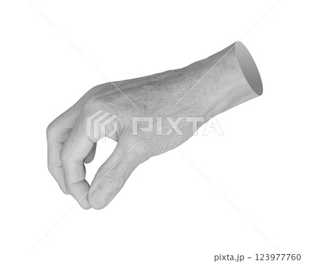 Elderly hand with thumb and index finger forming a pinch, grasping an invisible object. Wrinkled, Elderly hand with thumb and index finger forming a pinch, grasping an invisible object. Wrinkled, 123977760