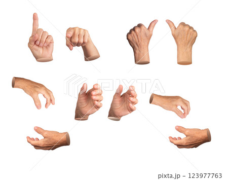 Elderly hand with index finger pointing, indicating a gesture of choice or selection. Aged, wrinkled 123977763