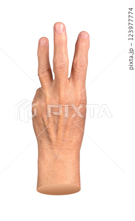 Elderly hand showing three extended fingers in an expressive gesture. Aged skin with visible Elderly hand showing three extended fingers in an expressive gesture. Aged skin with visible 123977774