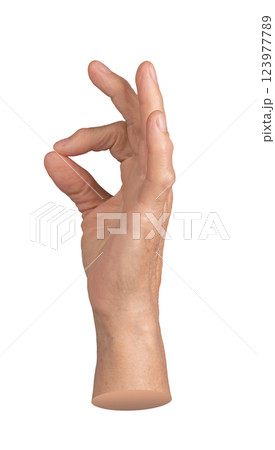 Elderly hand making OK gesture with thumb and index finger forming a circle, resembling a pinching Elderly hand making OK gesture with thumb and index finger forming a circle, resembling a pinching 123977789