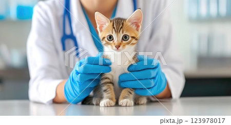 Vet Gently Holding Kitten During Health Checkup Vet Gently Holding Kitten During Health Checkup 123978017