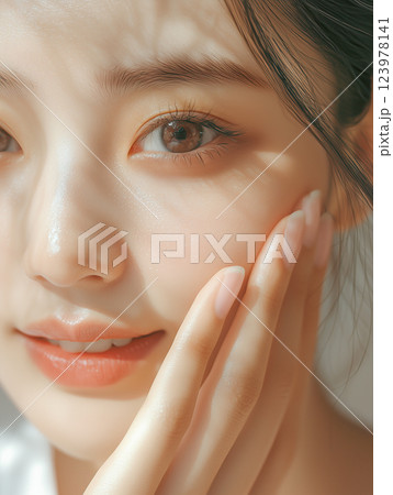 美肌の若くてかわいいアジア人女性モデルの美容ポートレート。笑顔で頬に手を当てている縦型のSNS投稿イ 123978141