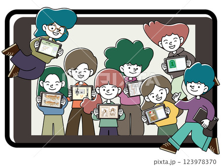 タブレット学習を楽しむ子供たちのベクターイラスト（ICT教育） 123978370
