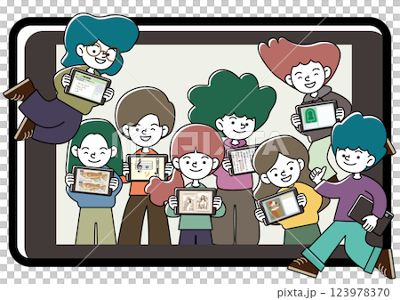 タブレット学習を楽しむ子供たちのベクターイラスト（ICT教育） 123978370