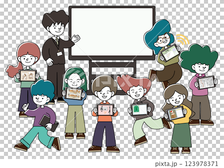 孩子們在教室裡用大顯示器享受平板電腦學習的向量插圖（帶影印空間） 123978371