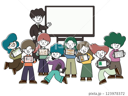 大型モニターのある教室でタブレット学習を楽しむ子供たちのベクターイラスト（コピースペース付き） 123978372