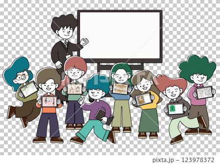 大型モニターのある教室でタブレット学習を楽しむ子供たちのベクターイラスト（コピースペース付き） 123978372