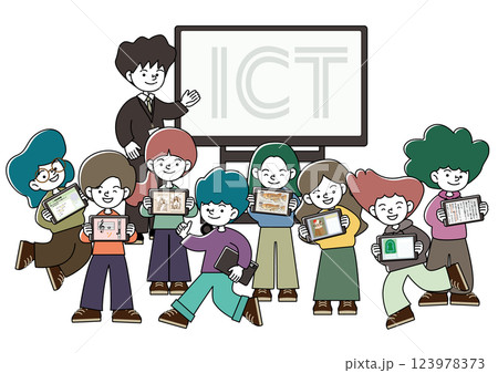 大型モニターのある教室でタブレット学習を楽しむ子供たちのベクターイラスト 123978373