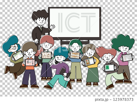 A vector illustration of children enjoying tablet learning in a classroom with a large monitor 123978373