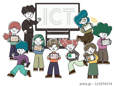 大型モニターのある教室でタブレット学習を楽しむ子供たちのベクターイラスト 123978374