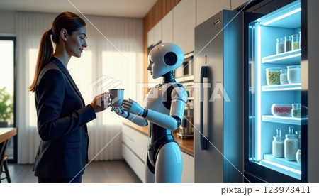 Woman and robot interact in modern kitchen environment with refrigerator well stocked and bright lighting during the day 123978411
