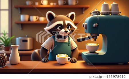 Raccoon barista preparing coffee in a cozy café setting during the afternoon 123978412