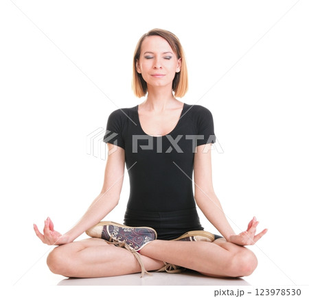 Sport Young yoga woman doing exercise isolated on white Sport Young yoga woman doing exercise isolated on white 123978530