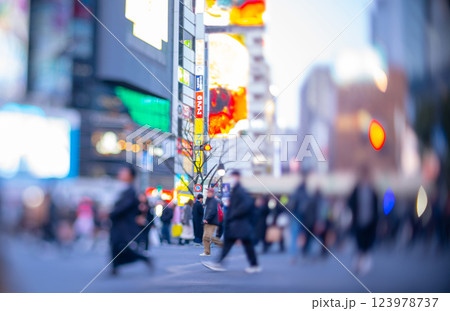 東京・渋谷スクランブル交差点　夜景　玉ボケ　シフトレンズ撮影 123978737