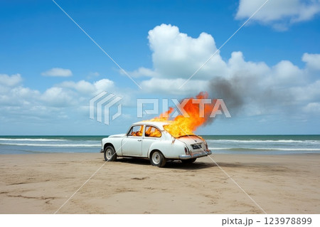 Flame-decorated classic car on a sunlit beach with ocean view Flame-decorated classic car on a sunlit beach with ocean view 123978899