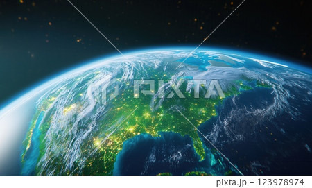 Time Lapse Composite of Earth s Orbit Glowing Satellite Trails Showcasing Human Progress in Space Across Decades Time Lapse Composite of Earth s Orbit Glowing Satellite Trails Showcasing Human Progress in Space Across Decades 123978974