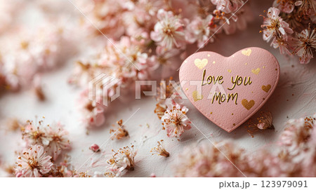 Heart shaped decoration with Love you mom text surrounded by pink blossoms 123979091