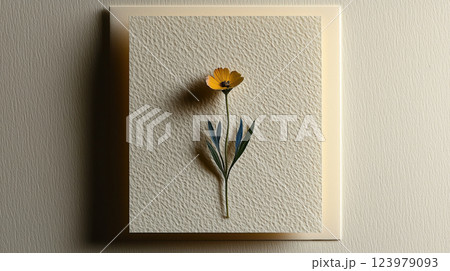 Pressed yellow flower on textured paper, framed with soft lighting 123979093