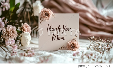 Heartfelt Thank You, Mom card surrounded by soft pink flowers and delicate decor 123979094