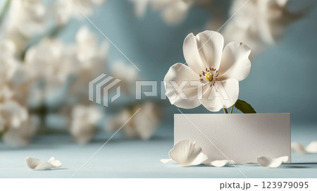 White flower with petals on blue background and blank card for text 123979095