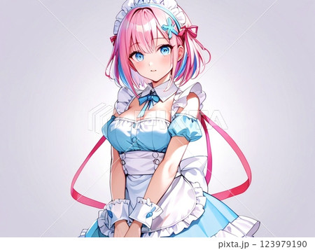 イラスト　ピンク髪のメイド服の美少女　シンプル背景 123979190