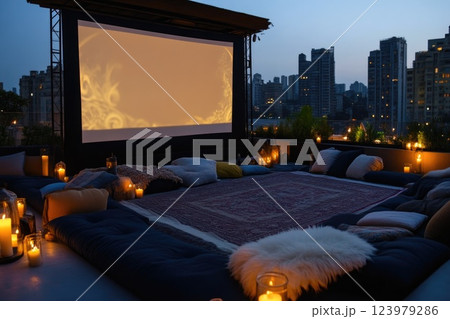 Romantic Rooftop Cinema Under City Lights Romantic Rooftop Cinema Under City Lights 123979286