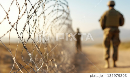 Military Stand with Machine Guns Protecting the Border 123979298