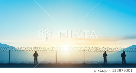 Heavily Guarded Border with Barbed Wire and Weaponry 123979301