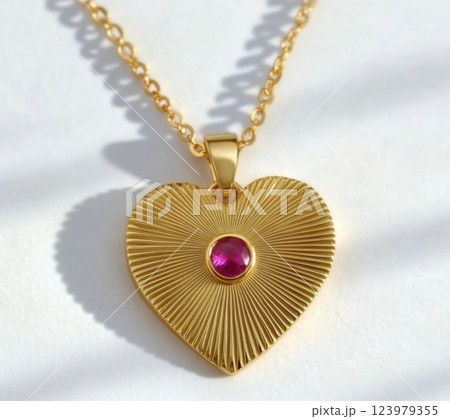 Elegant Gold Heart Pendant with Deep Pink Gemstone Design 123979355