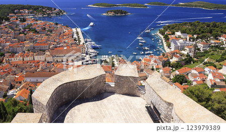 Panoramic aerial view of harbor of Hvar with Adriatic Sea and boats, Croatia Panoramic aerial view of harbor of Hvar with Adriatic Sea and boats, Croatia 123979389