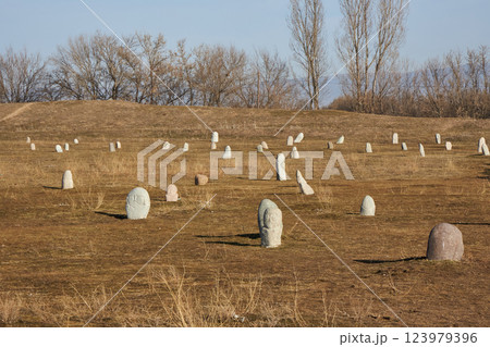 Kurgan stelae, Balbal, ancient historical stones Kurgan stelae, Balbal, ancient historical stones 123979396