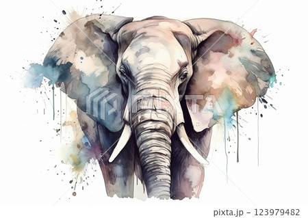 Watercolor elephant portrait illustration on white background 123979482