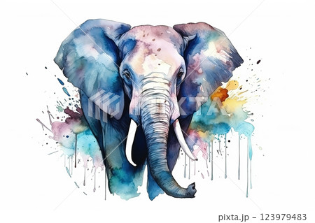Watercolor elephant portrait illustration on white background 123979483