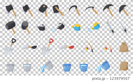 農場遊戲中使用的農具和其他工具的插圖集 123979507