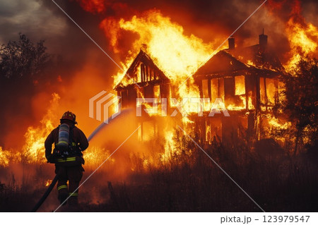 House Engulfed in Flames as Firefighter Fights Back House Engulfed in Flames as Firefighter Fights Back 123979547
