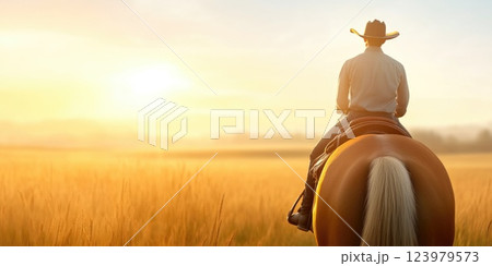 Riding through a peaceful field on horseback at sunset 123979573